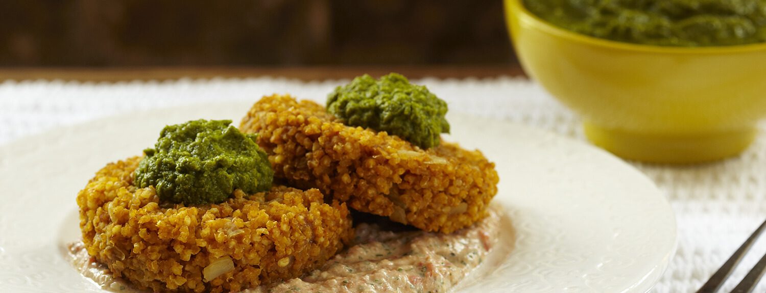 Curried Millet Cakes with Red Pepper Coriander Sauce Forks Over Knives