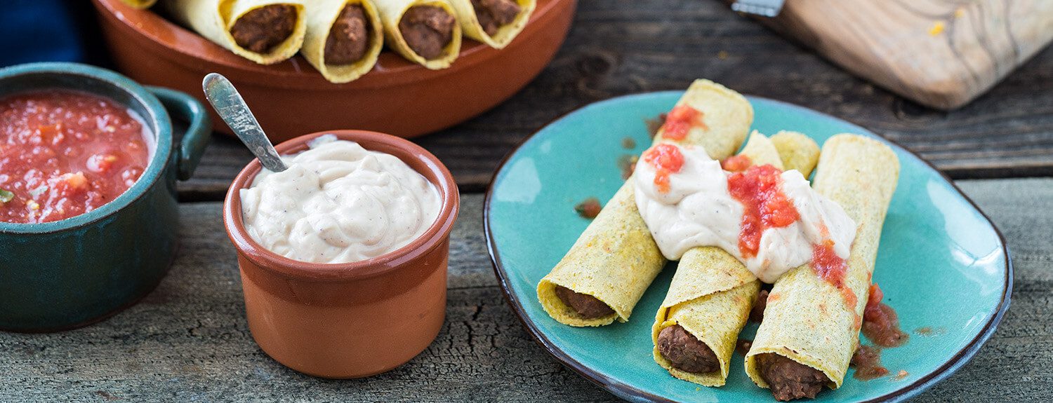 Orange Black Bean Taquitos with Spiked Sour "Cream" Forks Over Knives