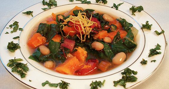 chef aj soup 570x299 Sweet Potato Soup With Cannelini Beans and Rainbow Chard