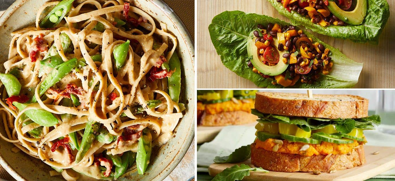 20-Minute Meals - Pasta, Lettuce Cups, and Sandwich shown in a Collage