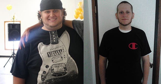 Travis Goodrich before and after losing 160 pounds on a whole-food, plant-based diet