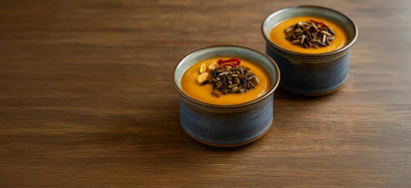Two rustic pottery bowls of Harvest Moon Squash Soup on a smooth wooden table