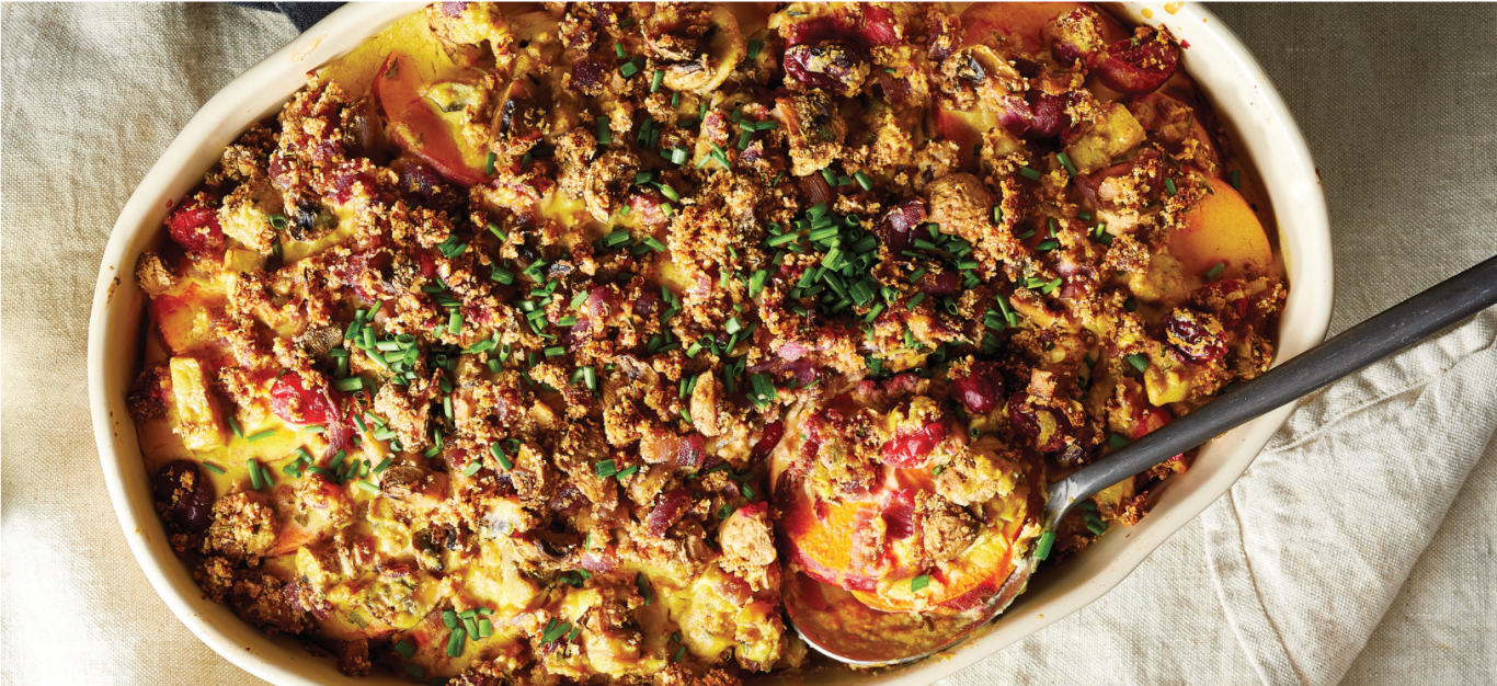 Sweet Potato Casserole with Herbed Mushroom Stuffing - Plant-Based Vegan Recipe