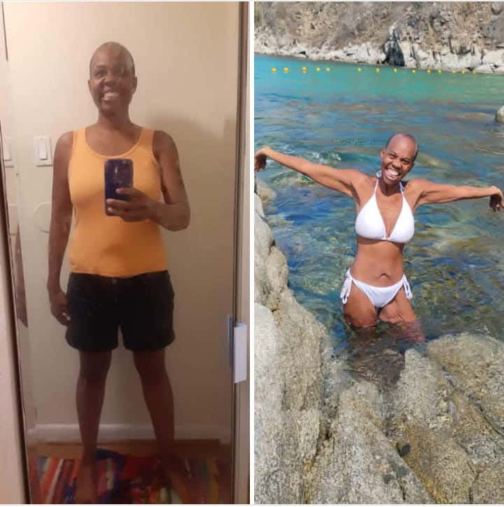 Two side-by-side photos of Evon Dennis. ON the left Dennis takes a selfie in the mirror, on the right she's standing in a river with her arms outstretched, about to go for a swim
