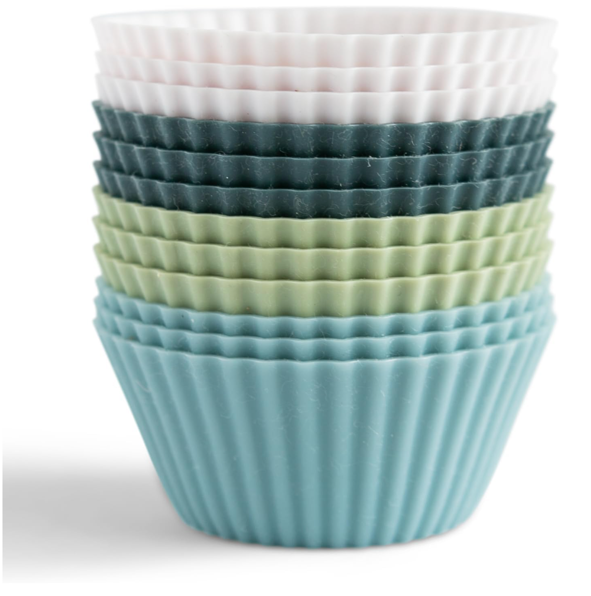 12 Reusable Silicone Baking Cups stacked. Colors range from white to blue and green