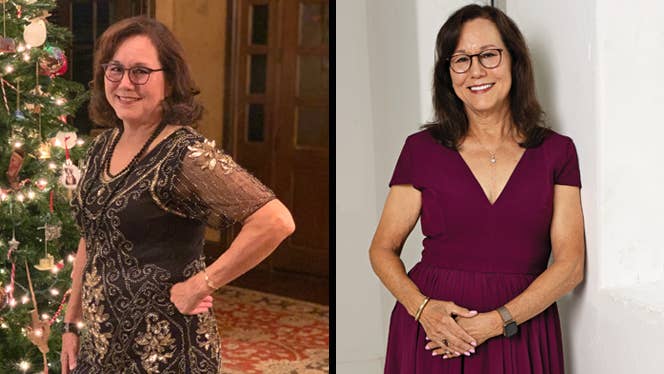 Julia Dunaway before and after adopting a whole food plant based diet to lower her cholesterol and lose weight