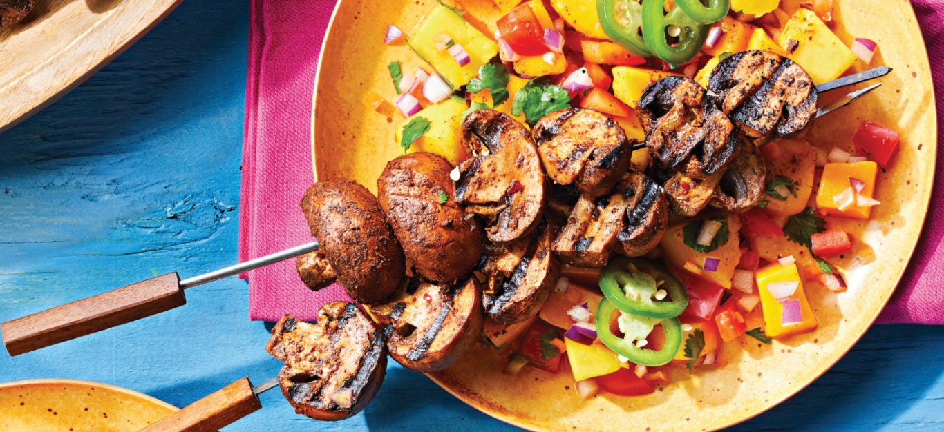 Spicy Jerk Mushroom Kabobs with Mango Salsa Recipe - Forks Over Knives