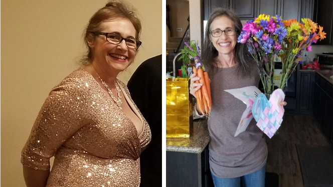 Two photos of Jennifer Diamond, on the left, before she adopted a WFPB diet, wearing a beaded gown, on the right, after adopting a WFPB diet and resolving chronic health issues, holding a bushel of carrots and bouquet of flowers and smiling