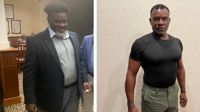 Kenneth Horton in two photos, one before and after he adopted a whole food plant based diet to reverse his metabolic syndrome, and one after. In the after photo he has lost significant weight