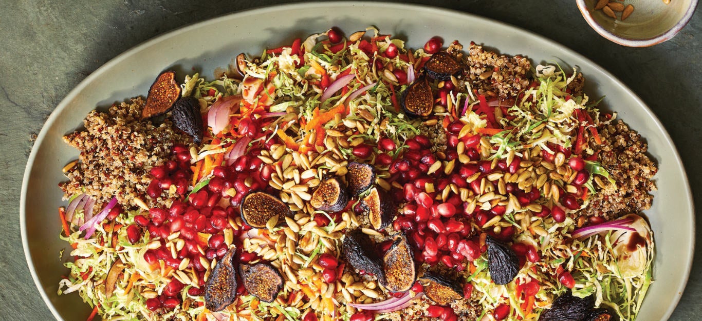 Crunchy Brussels Sprout Slaw with Figs, Pomegranate, and Quinoa Recipe - Forks Over Knives