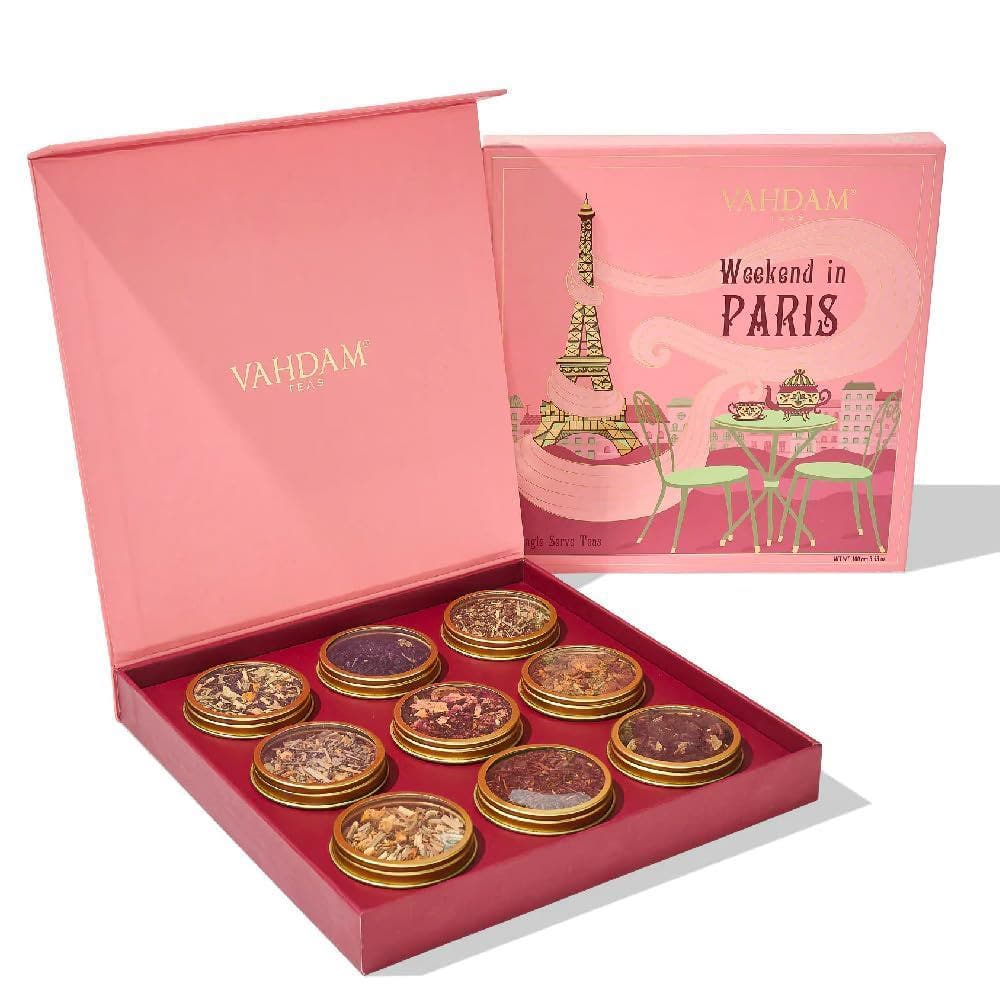 &quot;Weekend in Paris&quot; themed tea set in a pink box with nine round glass jars of different teas