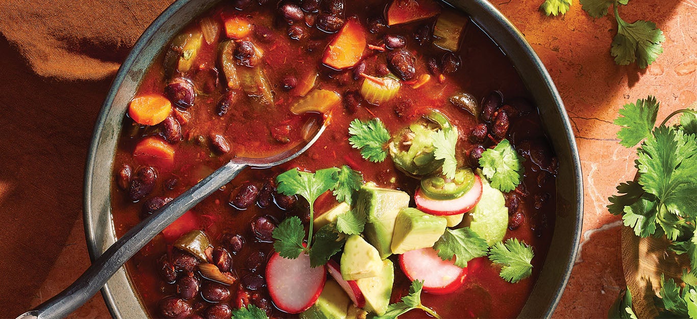 Black Bean Chili with Quick-Pickled Avocado Recipe - Forks Over Knives