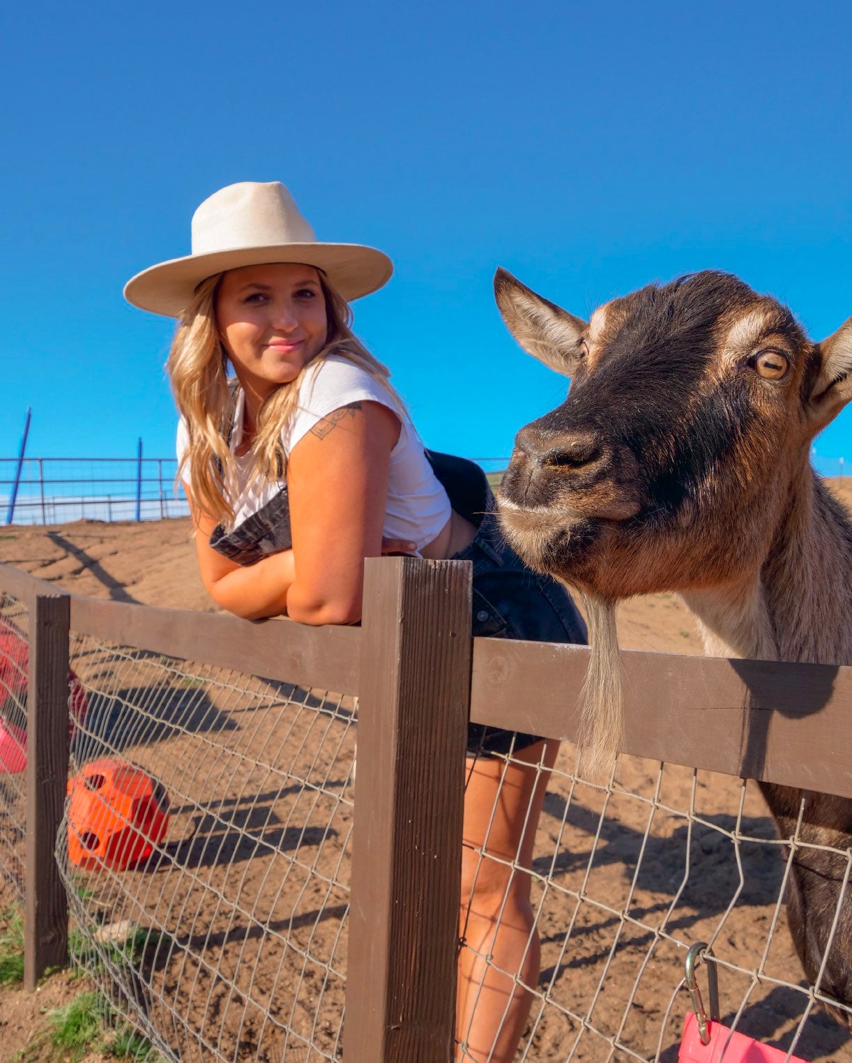 Chef Bai poses next to a goat at an animal sanctuary
