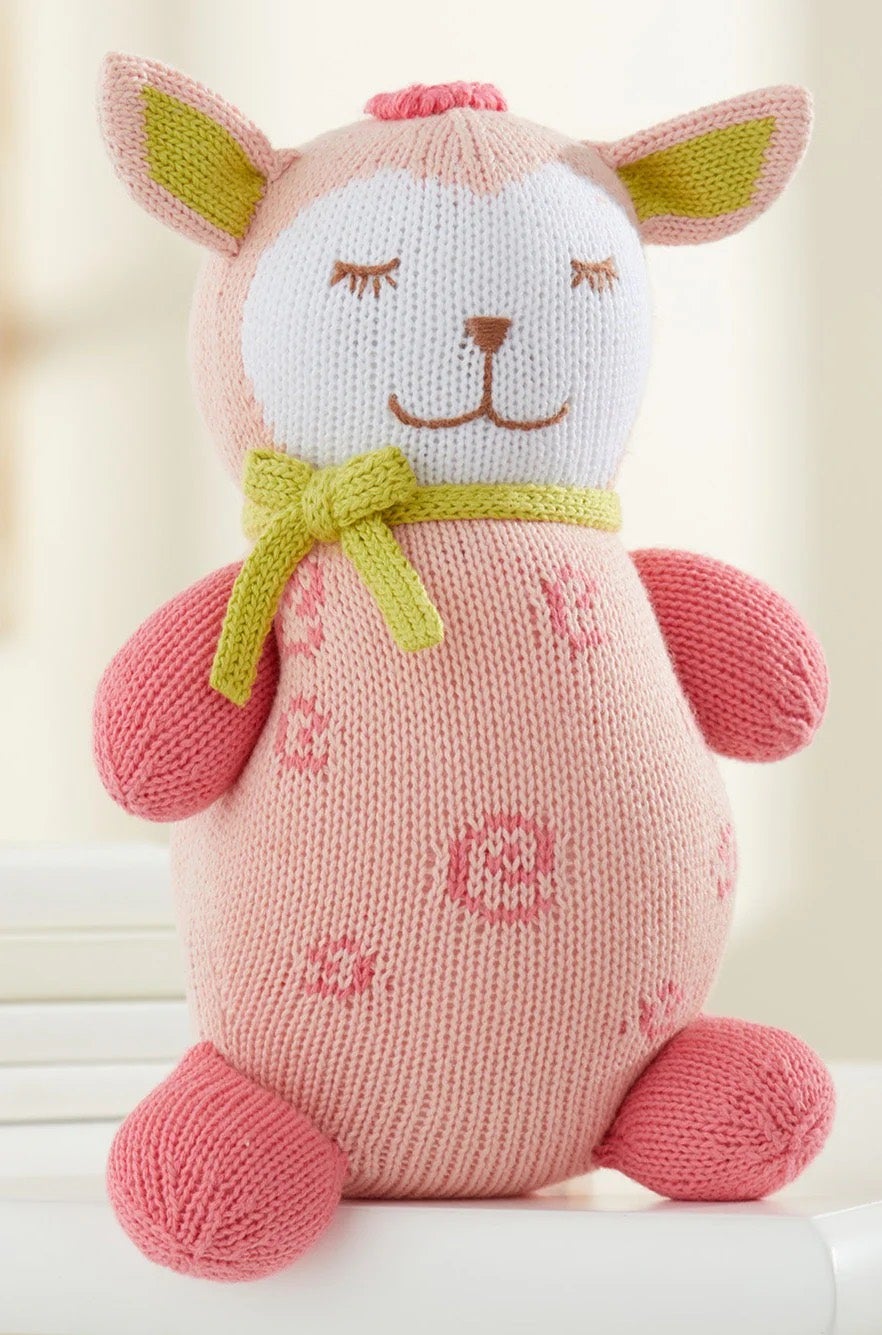 Cutie the Lamb cozy hand-knit pink lamb stuffed animal