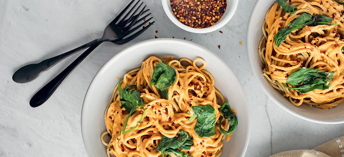 Harissa Almond Pasta with Spinach - Forks Over Knives