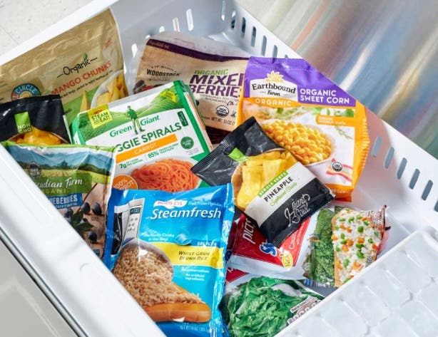 Healthy frozen plant based ingredients including mixed berries, brown rice, pineapple, and corn kernels