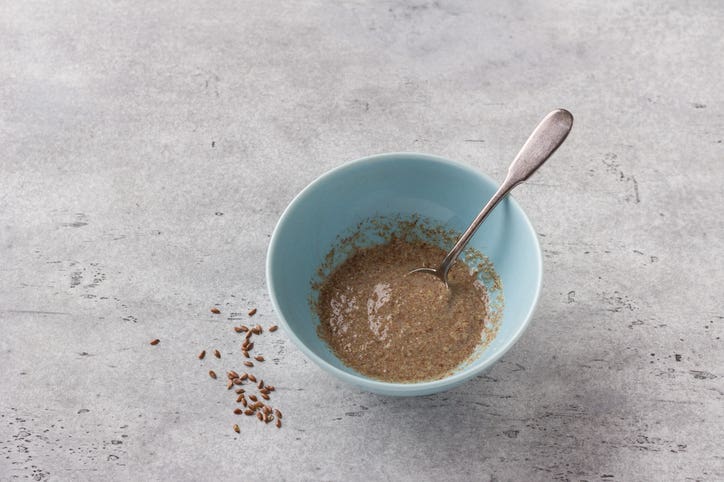 A flax egg (soaked flaxseeds in a bowl, used for a vegan egg substitute for baking)
