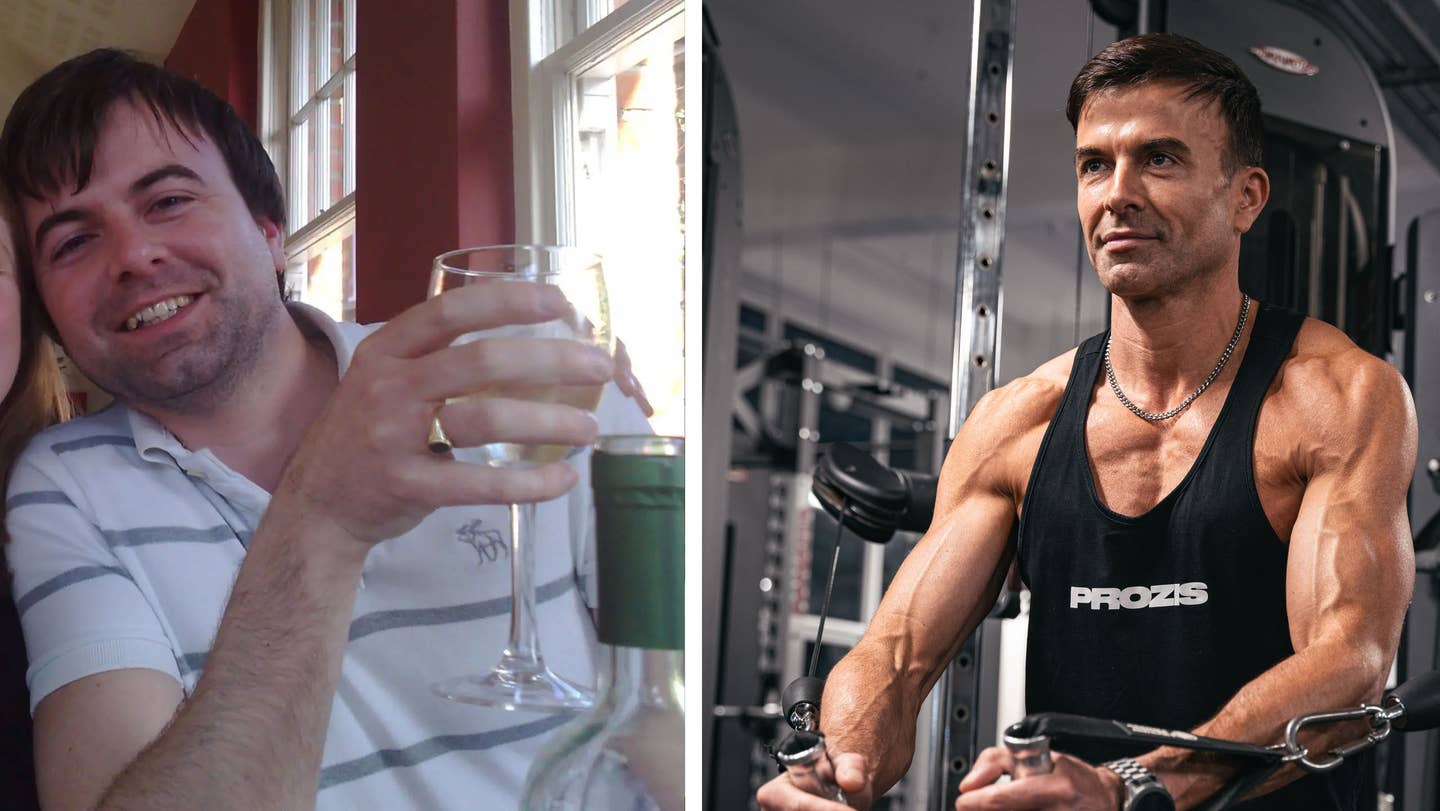 Before and after shot of Aaron Calder. On the left, Calder holds a glass of wine and on the right, Calder is at the gym lifting weights
