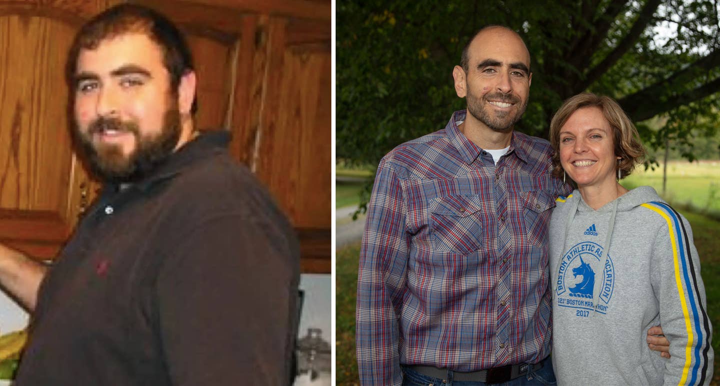 Two photos of Anthony Masiello. In the left photo 33 year old Masiello weighs over 300 pounds. In the right photo Masiello is almost 20 years older and stands arm and arm with his wife, 160 pounds lighter. 