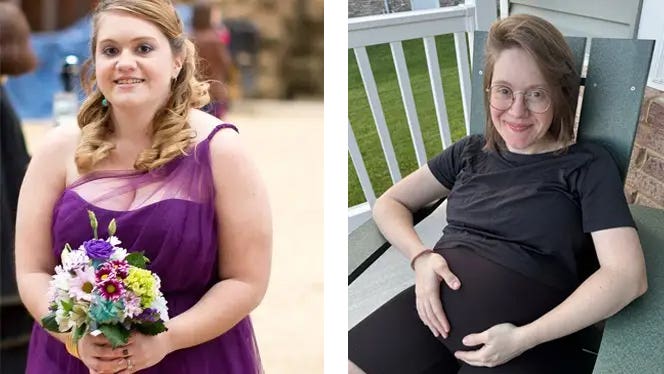 In the left photo we see Brittany Jaroudi age 25 wearing a formal dress and holding flowers, and in the right photo Jaroudi is pregnant and smiling.