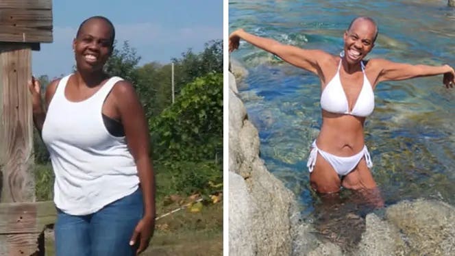 Two side-by-side pictures of Evon Dennis, before and after losing weight and beating food addiction on a plant-based diet