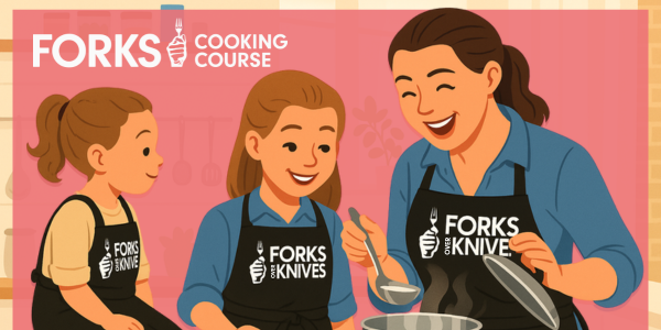 An illustration of a mother and children standing over a pot smiling and cooking together, wearing aprons that say Forks Over Knives. In the top left corner is the Forks Over Knives Cooking Course Logo