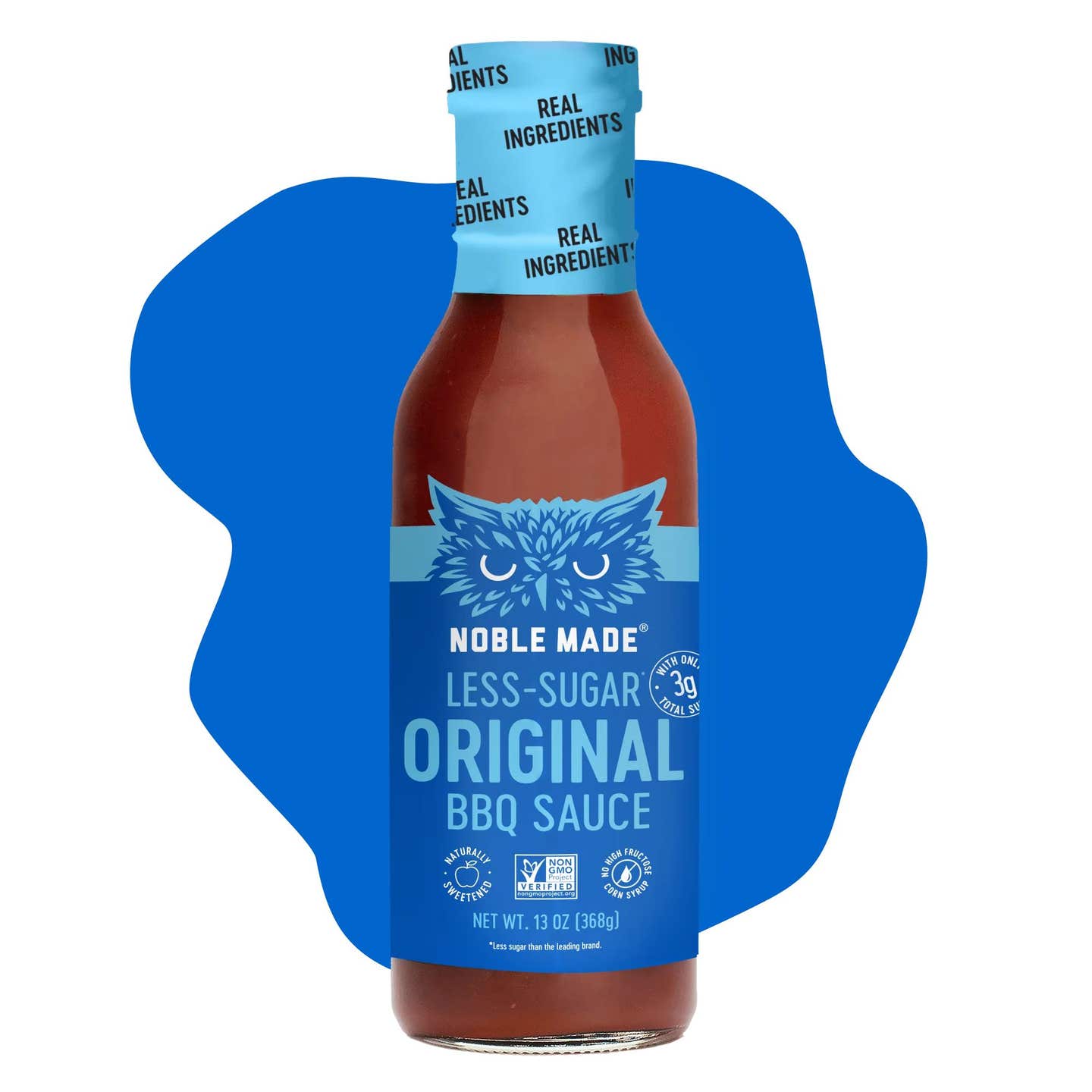 A bottle of Noble Made LEss Sugar Original BBQ sauce on a white background with a splash of blue color
