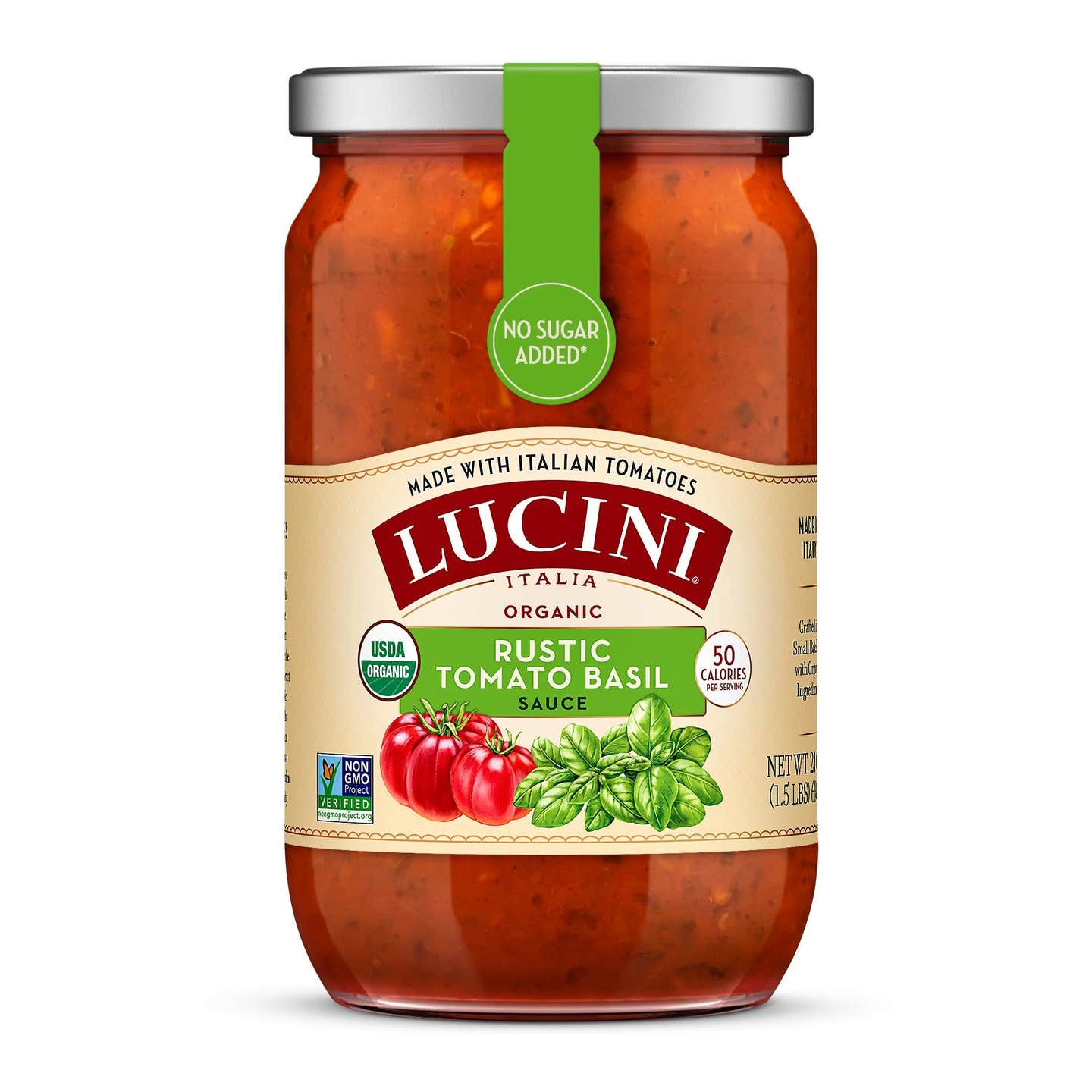 Jar of Lucini Rustic Tomato Basil sauce on a white background
