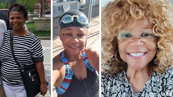 Three photos of Pamela Footman. On the left she holds a purse, in the middle photo Footman is wearing a bathing suit, swimming cap, and goggles on her cap, and the right photo Footman looks directly into the camera smiling