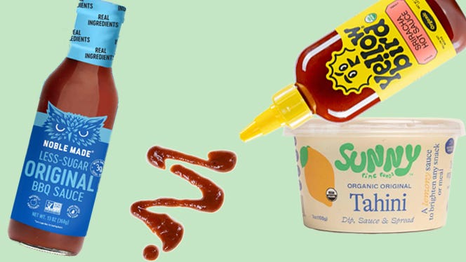 sauce-2 Three vegan dietitian-approved healthy store-bought sauces: Less-Sugar BBQ Sauce, Yellowbird Sriracha Sauce, and a Sunny Fine Foods Tahini Sauce