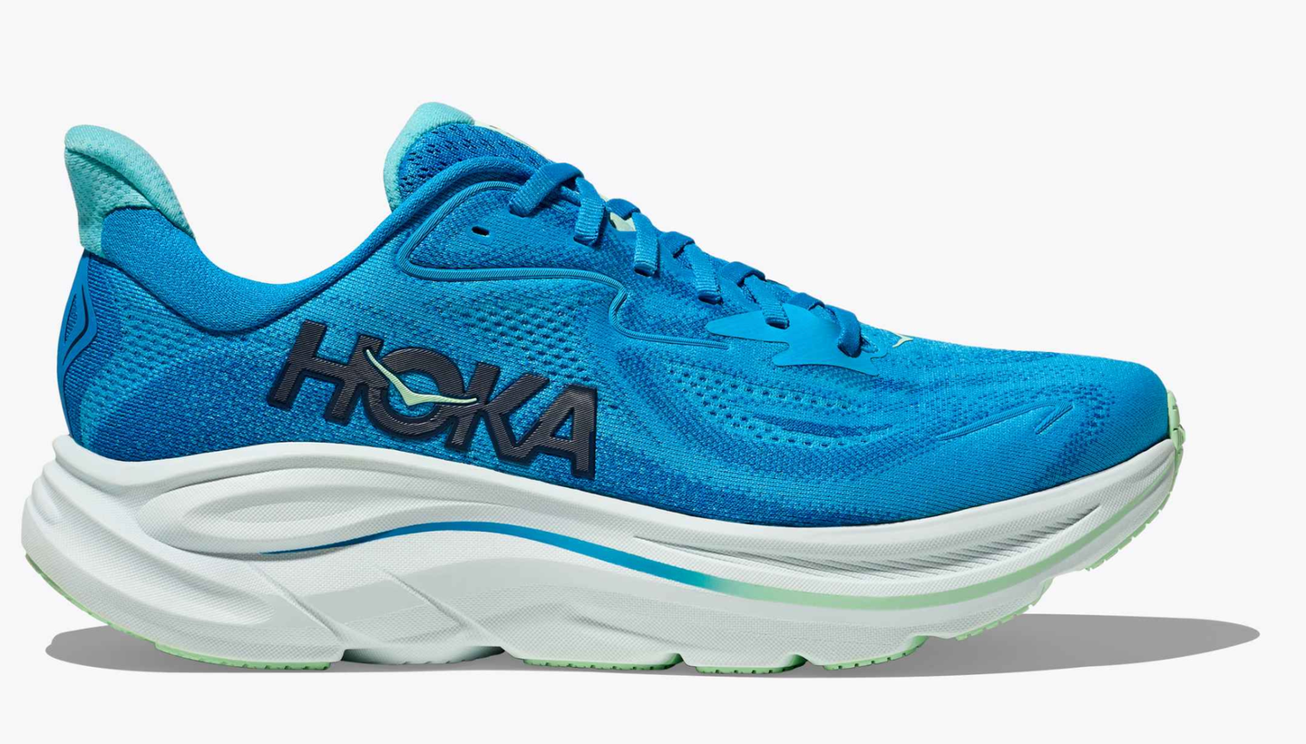 A side view of a blue vegan running running shoe from Hoka