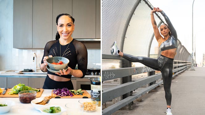 robin-arzon-FEATURED IMAGE Two photos of Peloton Head Instructor Robin Arzón - on the left she holds up a healthy plant-based meal in her kitchen, with tomatoes and lettuce, on the right she stretches in a silver workout outfit outside on a bridge in New York City