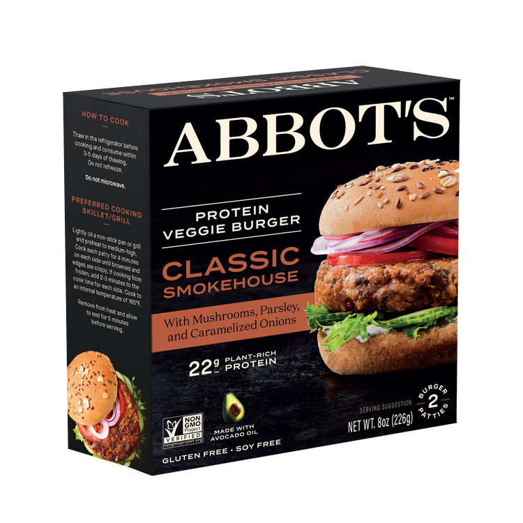 A box of Abbot's Protein Veggie Burgers Classic Smokehouse