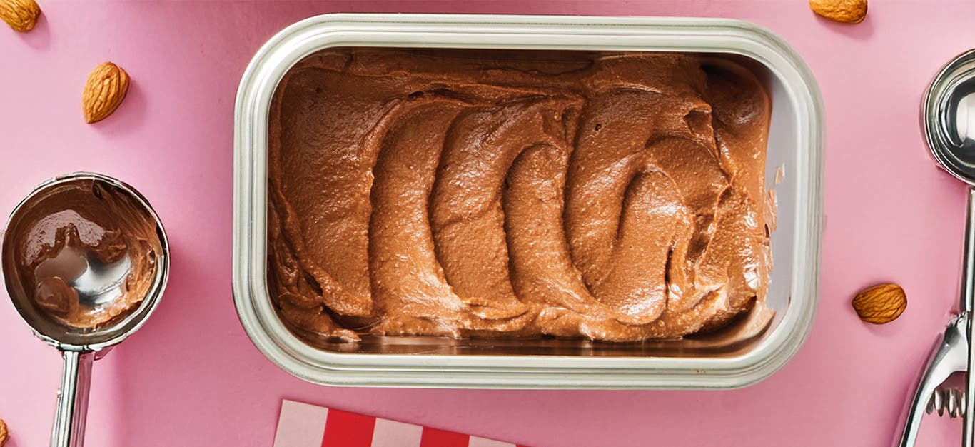 Dark Chocolate Almond Nice Cream against a pink background