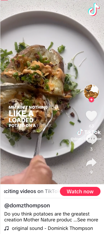 Screenshot from vegan TikToker Dominick Thompson's TikTok @domzthompson - The screenshot shows a loaded vegan baked potato