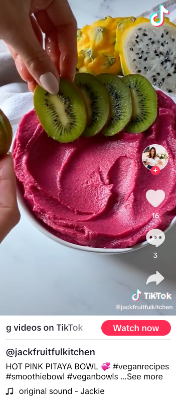 Screenshot of Jackfruitful Jackie's TikTok, from a video where she shows how to make a vegan pitaya smoothie bowl