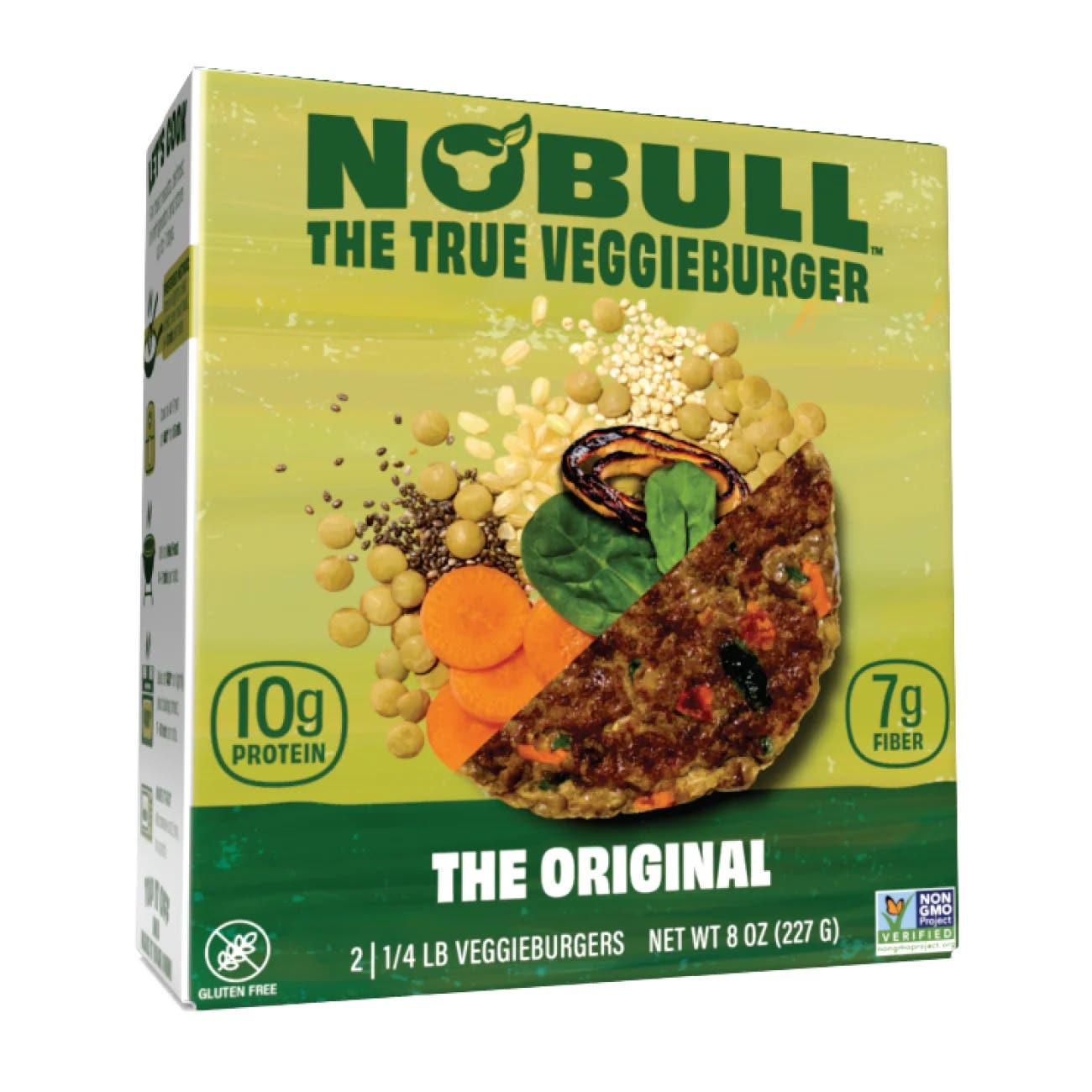 A box of NoBull Original Veggie Burgers