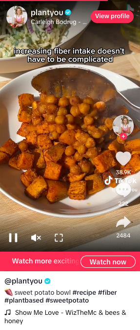 screenshot of a TikTok video by Carleigh Bodrug of @plantyou - the screenshot shows roasted sweet potatoes and chickpeas