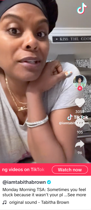 Screenshot of vegan TikTok star Tabitha Brown, from a TikTok video where she speaks directly to the camera