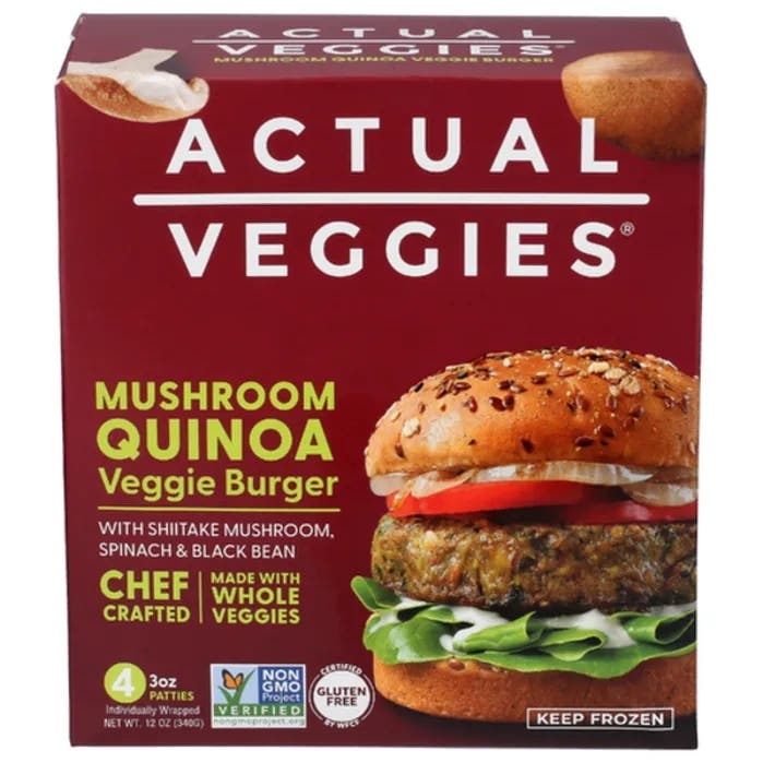 A box of Actual Veggies Mushroom Quinoa Veggie Burgers