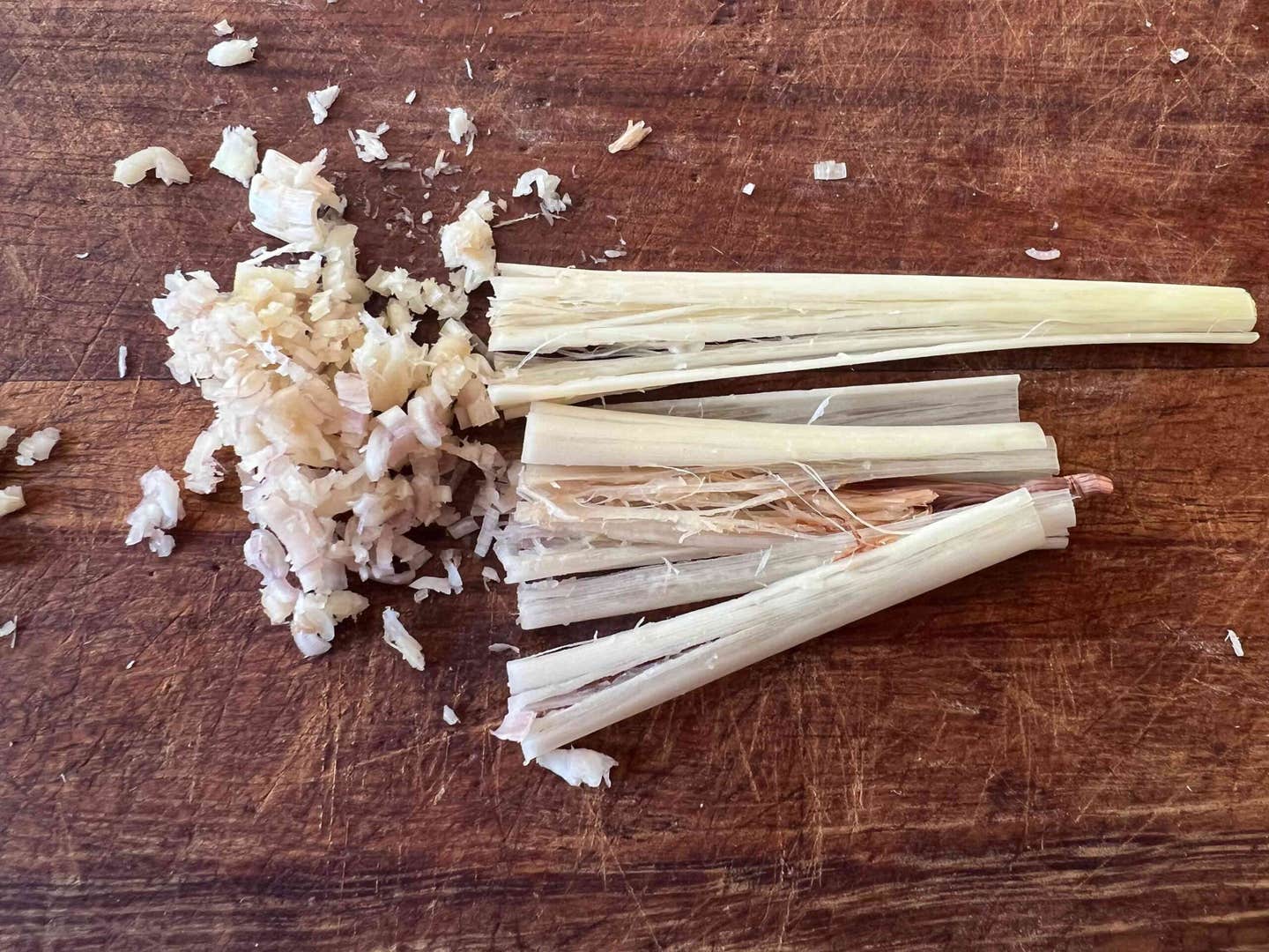 Minced lemongrass on a cutting board
