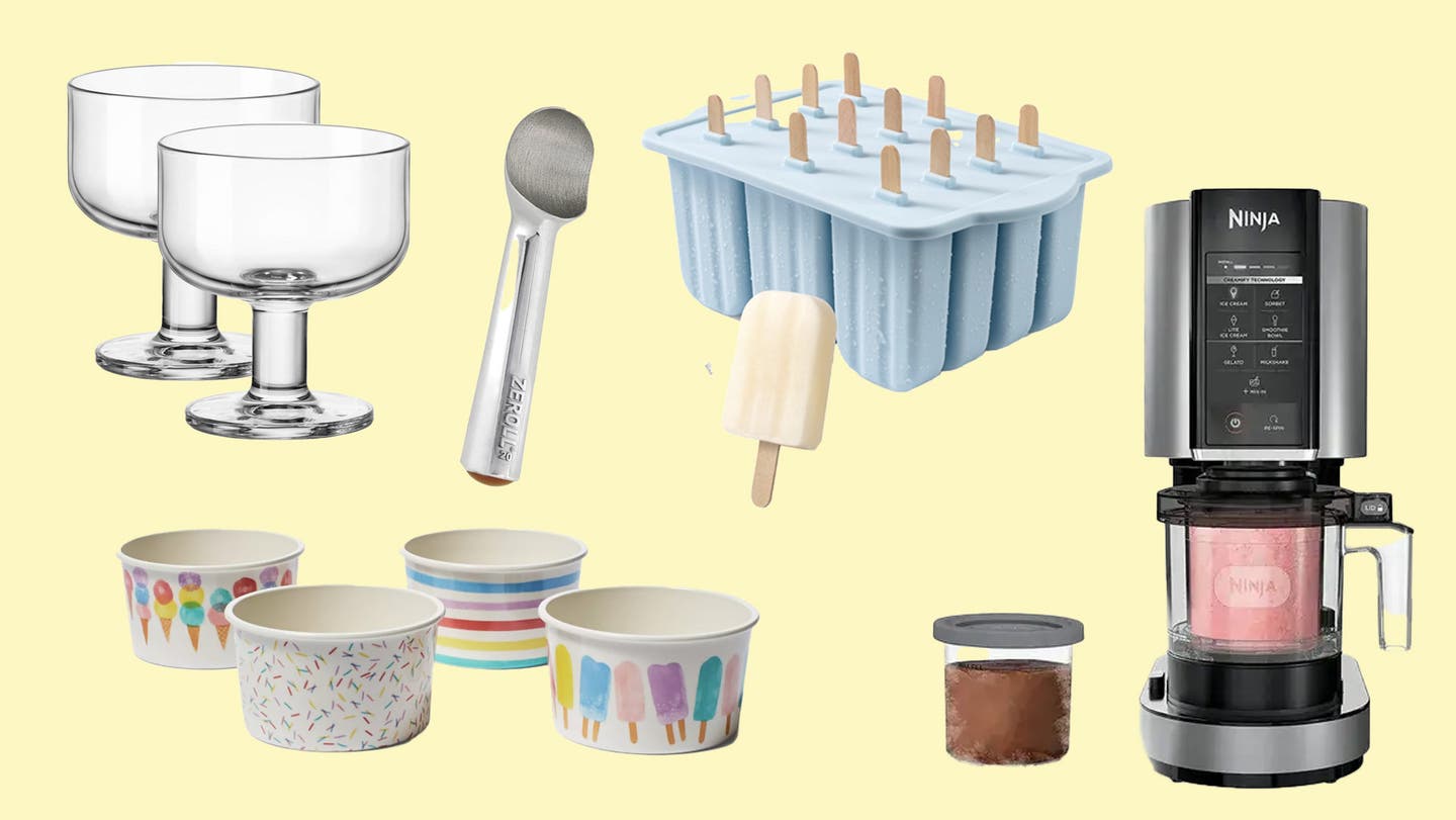 Ice Cream Tools and Serving Bowls A collage of gadgets and serveware used to make ice cream, including the Ninja Creami ice cream maker, silicone popsicle molds, and ice cream scoop, and colorful and glass serving bowls