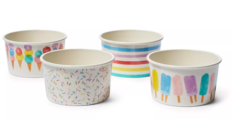 Four colorful melamine ice cream bowls