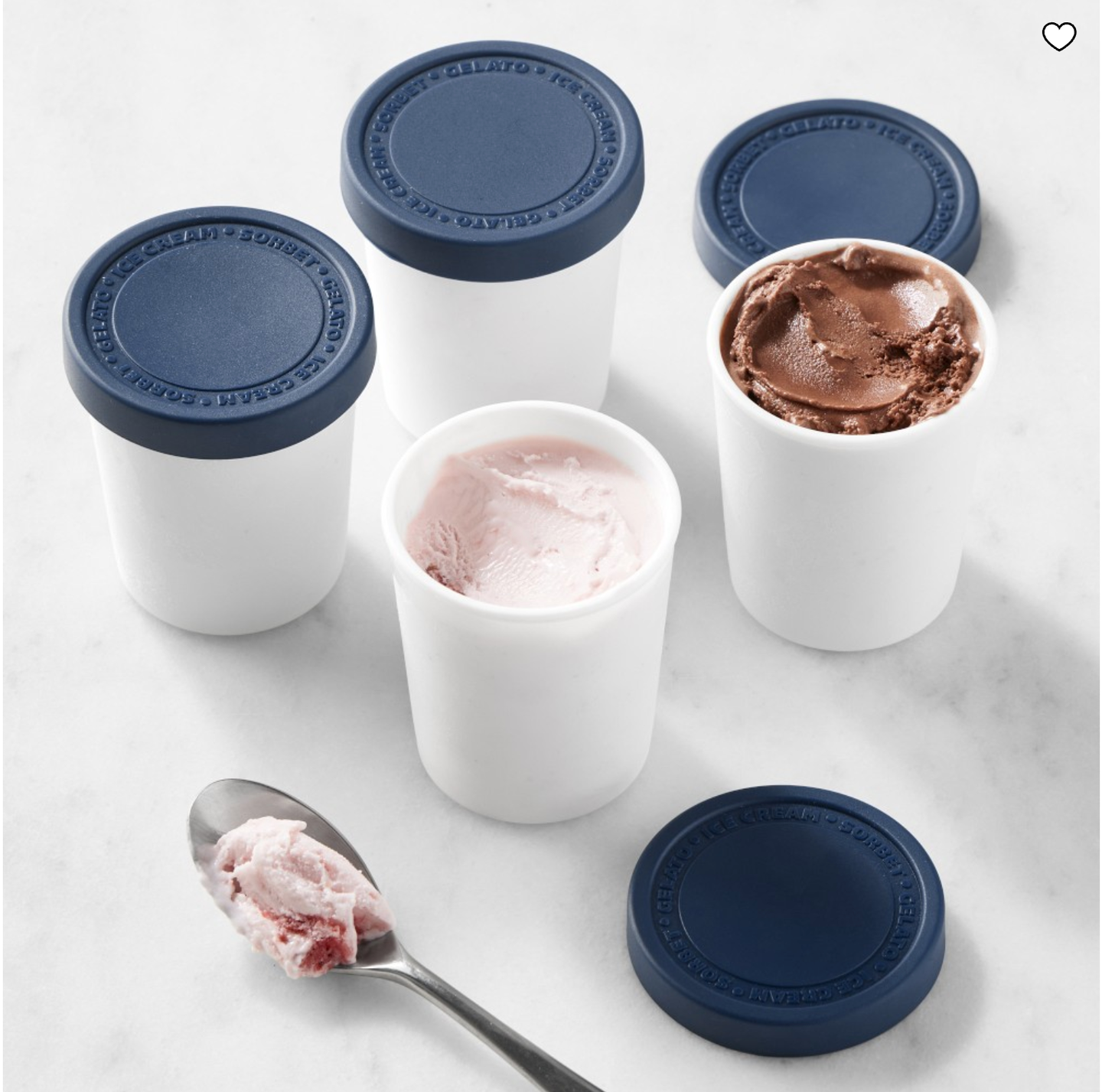 4 white mini ice cream storage tubs with blue lids. One is filled with strawberry ice cream and the other has chocolate ice cream in it.
