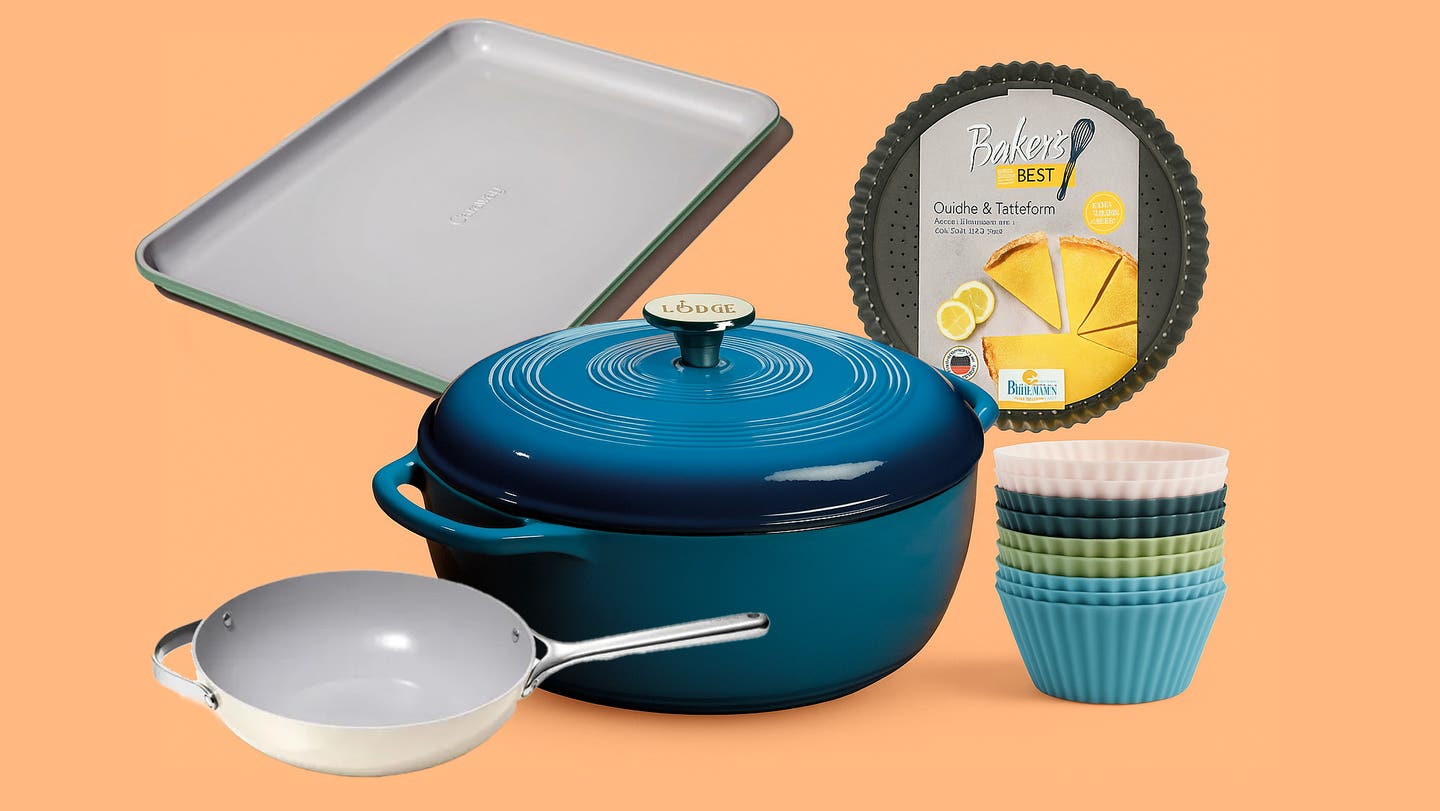 Collage of various nonstick products including a Caraway baking sheet, Loge dutch oven, and quiche pan