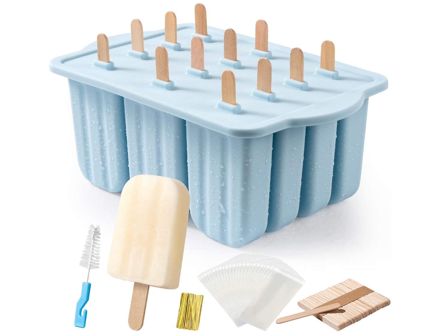 The main photo is a large image of a silicone popsicle mold to make 12 popsicles, with a lid, and wooden sticks coming through the lid. In the foreground are sticks, a cleaning tool, and a white popsicle