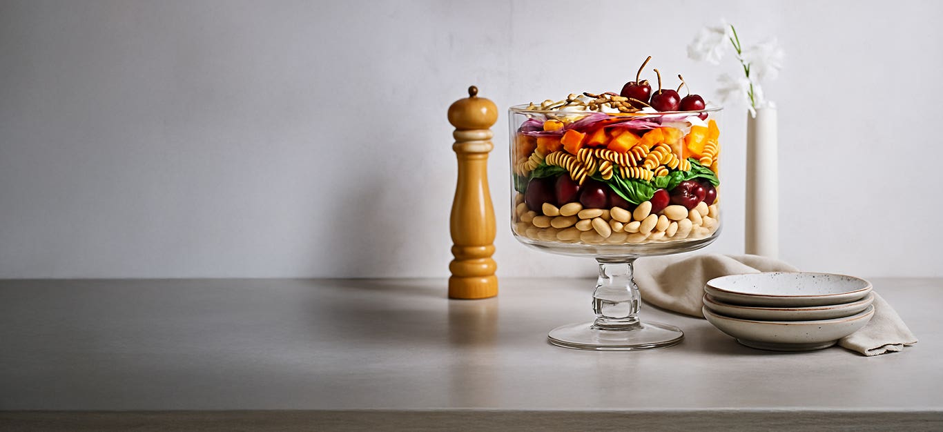 Spinach-Cherry Pasta Salad with Poppy Seed Dressing in a large glass serving bowl, so you can see the colorful layers of ingredients