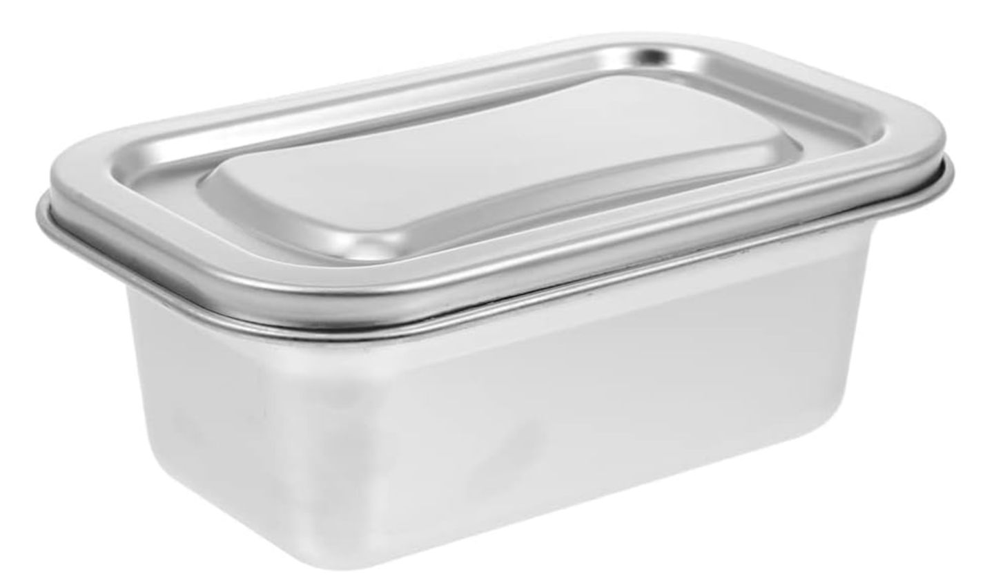 Close-up of a single stainless steel storage container with a lid.