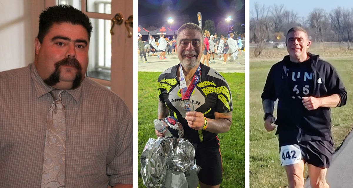 Three photos of Tim Kaufman showing him before and after his plant-based journey; in the first photo, he poses inside wearing a dress shirt and tie; in the second and third photos he completes marathons and has lost significant weight