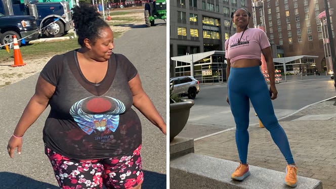 deena-bryant-godde-before-after-2 Two photos of Deena Bryant-Godde, before adopting a plant-based vegan diet to overcome obesity and lose 270 pounds. In the photo on the left, she walks outside, on the right, she has lost weight and poses in a yoga outfit.